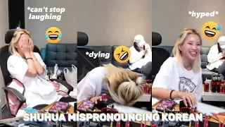 Soyeon laughing at SHUHUA'S mispronunciations of Korean lyrics 🤣 ('Queencard' recording behind)