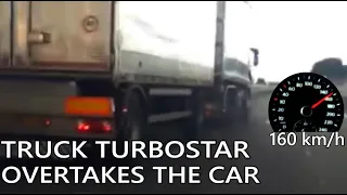 Old Iveco Turbostar truck performs overtaking manoeuvre on motorway