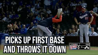 Manager throws first base in protest, a breakdown