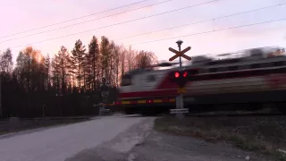 Freight train passed SAUVAMÄKI (Km.0427+0052) level crossing in Hankasalmi, Finland
