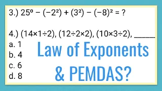 Law of Exponents & PEMDAS 3.) 25⁰ – (–2²) + (3²) – (–8)² = ? | lumabas dati