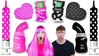 BLACK VS PINK FOOD CHALLENGE | CRAZY EATING ONLY ONE COLOR FOR 24 HOURS