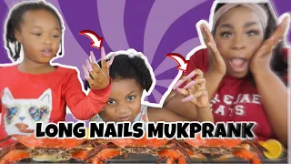 LONG NAILS MUKPRANK! MY 3 & 5 YEAR OLD EATING A SEAFOOD BOIL WITH EXTREMELY LONG NAILS CHALLENGE