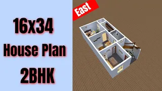 16x34 House Design 2BHK East || 2  Bed Room House Plan || 16x34 Home Design || Small House design 3D