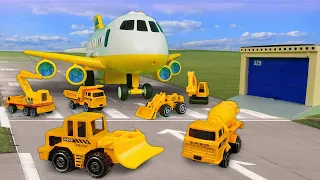 El avión transporta los coches y camiones para niños. Vídeos de tractores de juguete.