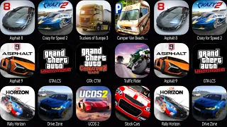 Asphalt 8,Crazy for Speed 2,Truckers Of Europe 3,Camper Van Beach,Asphalt 9,GTA LCS,GTA CTW,UCDS 2