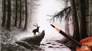 Landscape scenery drawing by charcoal pencil with easy ways.