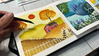 Watercolor Folk Art  Landscape using Warm Colors