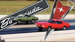 1969 Plymouth Barracuda vs 1970 Pontiac GTO PURE STOCK DRAG RACE - no commentary