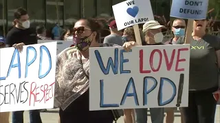 Dozens show support for police outside LAPD Headquarters in Downtown Los Angeles