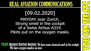 (Real ATC) MAYDAY over Zurich. Strong smell in the cockpit of a Swiss Airbus A319.
