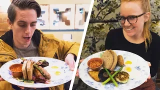 British Food - Vegetarian Vs. Meat Full English Breakfast! (Americans Try British Food)