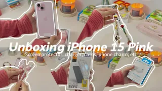 [ID/EN] Aesthetic Unboxing iPhone 15 Pink 🎀 screen protector, charger and cute accessories ✨💖🌷