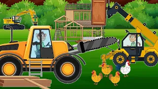 Driving a Tractor To Harvest Wood For Building a Coop For The Chicken Flock | Vehicles Farm Cartoon