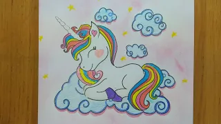 A miracle in the sky: painting of a unicorn with many colors /tutorial drawing