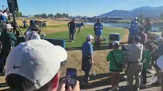 John Rahm/ Ricky Fowler tee off on 18