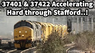 37401 & 37422 Accelerating HARD through Stafford with 6X12 West Ealing Plasser to Tyne SS 09/01/23