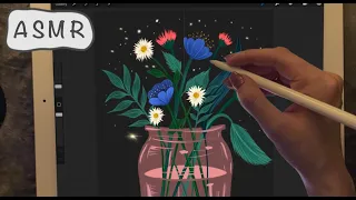 iPad ASMR - Painting the Flower Sketch in Procreate - Pure Whispering - Writing Sounds