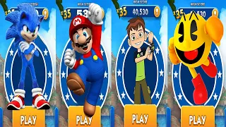 Sonic Dash vs Super Mario Run vs Ben 10 Up to Speed vs Pacman - All Characters Unlocked Showcase