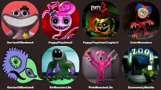 Garten Of Banban 4+6,Poppy Playtime Chapter 3+2,Zoonomaly,Color Monsters,Sir Monster,Pink Monster