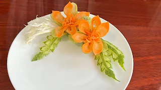 Eggplant and Carrots Flowers Carving - แกะสลักดอกไม้่มะเขือกับแครอท