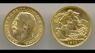 Нумизматика. Золотая монета. Англия, соверен 1911 года.  Very Choice Uncirculated.