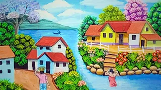 Beautiful Landscape Scenery Painting | Indian Rural Landscape Scenery Painting With Acrylic Color.