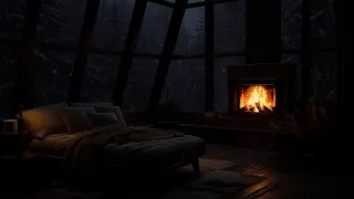 The ambience from the winter cabin window with snowstorm Price | Fireplace sounds for falling asleep