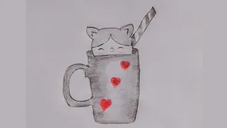 Pencil drawing easy ideas,  Cat and Mug drawing