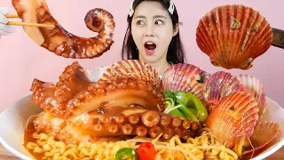 MUKBANG ASMR | Tasty! Spicy Octopus Scallops Ramen🍜Eat Seafood Korean Eatingshow Realsound 아라 Ara