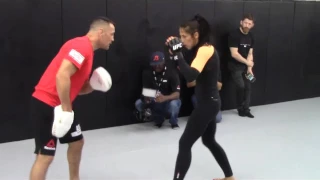 UFC Champ Joanna Jędrzejczyk puts on a kickboxing clinic at the UFC 211 Open Workouts in Dallas