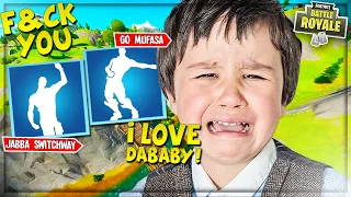 ANGRY KID BEGS FOR DABABY “GO MUFASA” & “JABBA SWITCHWAY” EMOTES IN FORTNITE! (Fortnite Trolling)