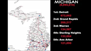 US States with largest cities and each states top five most populated cities with locations.