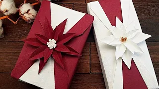 GIFT PACKAGING IDEA | GIFT WRAPPING with PAPER POINSETTIA FLOWER DECORATION | I.Sasaki Original