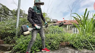 Young girl Need help clearing the grass transformation mowing the garden clean house Grow vegetable