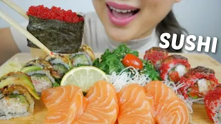 SUSHI *Aburi Tobiko Roll, Dragon Paradise Roll & Salmon Sashimi NO Talking ASMR Eating Sounds | N.E