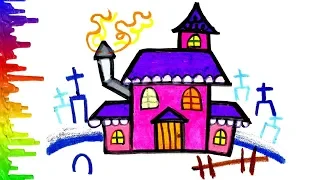 HAUNTED HOUSE Halloween Coloring | How to draw a Haunted house for kids