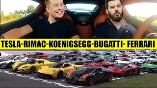 Supercars Drag Race Gathering !!!  RIMAC  vs.  TESLA  PLAID vs.  KOENIGSEGG vs. BUGATTI  vs. FERRARI