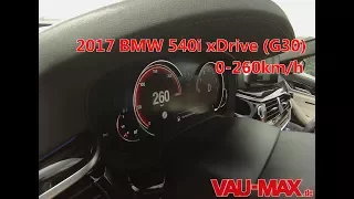 2017 BMW 5er 540i xDrive (G30) 0 - 100 km/h und weiter bis auf 260km/h Tachovideo