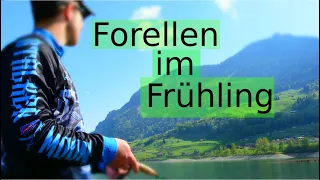 Ultralight fishing Bergsee Forellen im Frühling. Lungrensee Schweiz