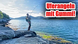 Angeln mit Gummifisch vom Ufer: DICKER Fisch beißt auf den 2ten Wurf! Was lauert hier in der Tiefe?