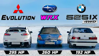 IceDrag: BMW 525ix vs Evolution X vs Subaru WRX GGA/GC8 vs Audi A4 Quattro | All Michelin Type