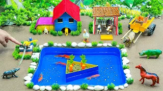 DIY tractor making Farm Diorama with YOUTUBE PLAY BUTTON lake | cow shed | Supply water for Carrot