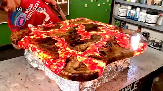 Burning Table of Epoxy and Wood. Fire Lava!
