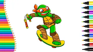 How to Draw and Color Michelangelo TMNT on a Skateboard | Easy Step-by-Step Tutorial