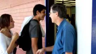 greeting physics students at the door