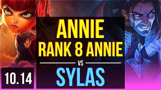 ANNIE vs SYLAS (MID) | 2.6M mastery points, Rank 8 Annie, KDA 8/1/12, Godlike | KR Master | v10.14