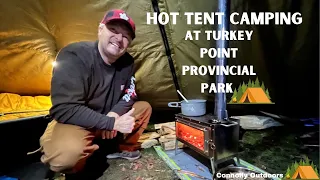 Hot Tent Camping with my son using Firehiking Tent and  Wood stove at Turkey Point Provincial Park.