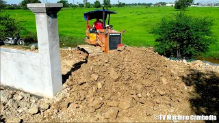 Experience Operating Skills Of Machinery Komatsu Dozer D31P Pushing Stone And Dump Truck Dumping