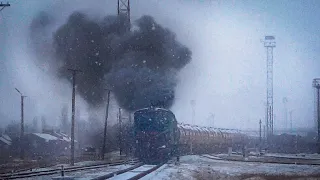 Медведь на старте в снегопад. Тепловоз 2ТЭ10Л-2077А-792А "Луганка" Станция Бессарабская [CFM]